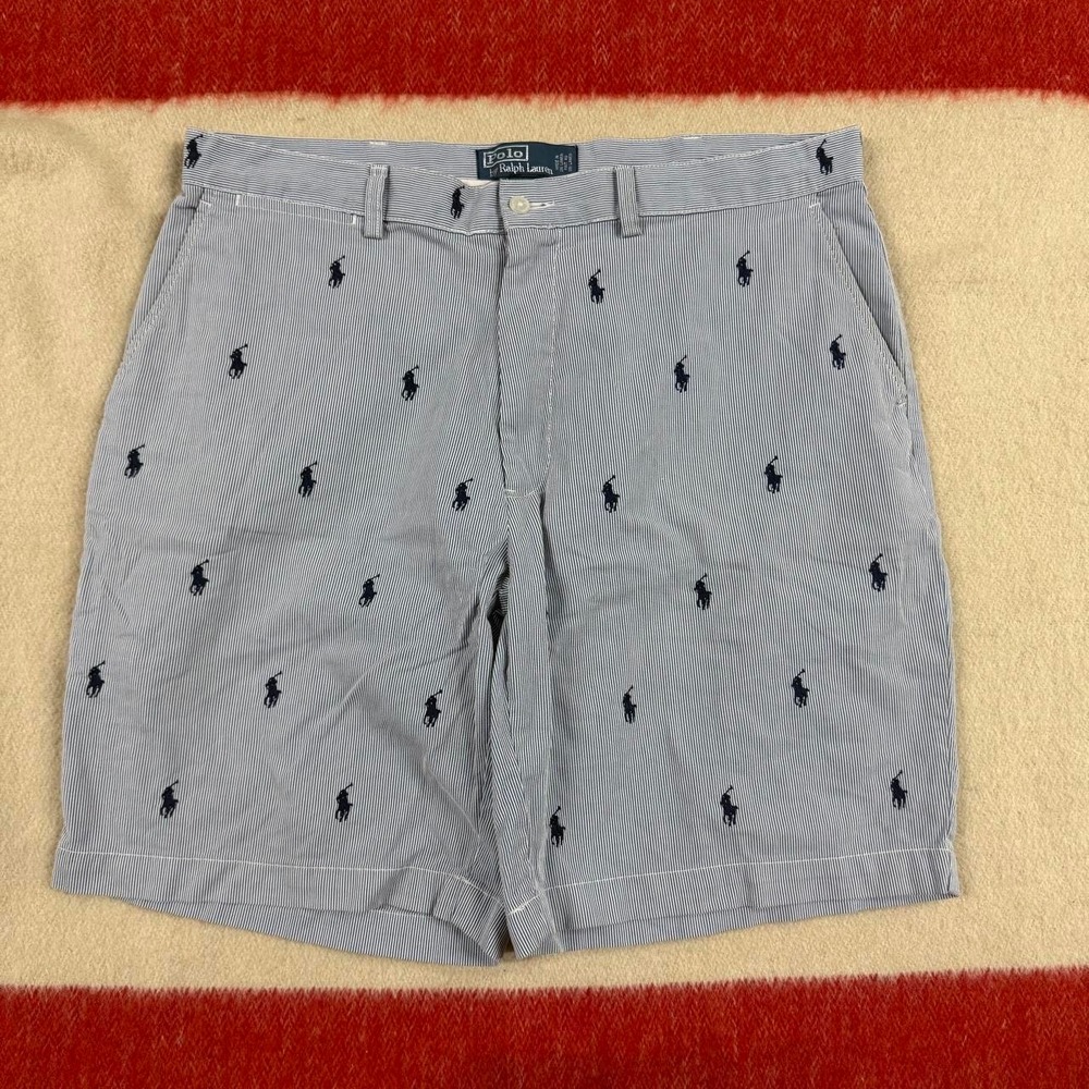 Polo Ralph Lauren All Over Embroidered Pony Striped Shorts 36 Mens Blue Grey